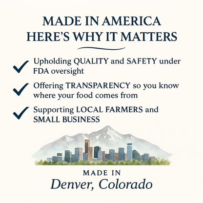 Text about 'Made in America' with a mountain and cityscape illustration at the bottom.