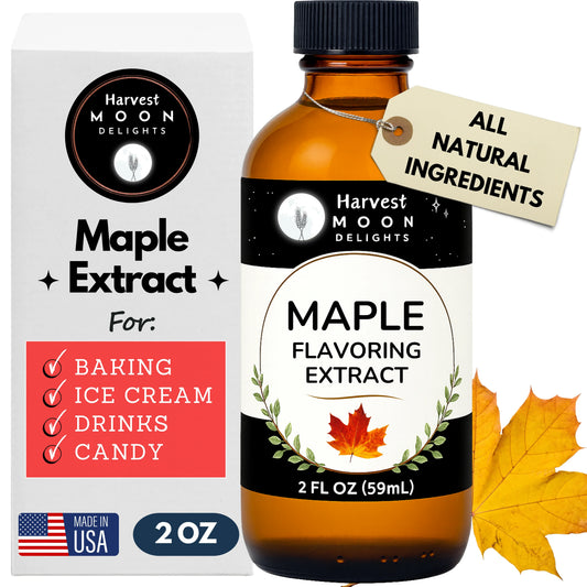 Harvest Moon Delights maple flavoring extract bottle and packaging with a tag indicating 'All Natural Ingredients'.