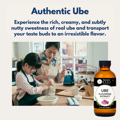 Bottle of Ube flavoring extract with a family in a kitchen background