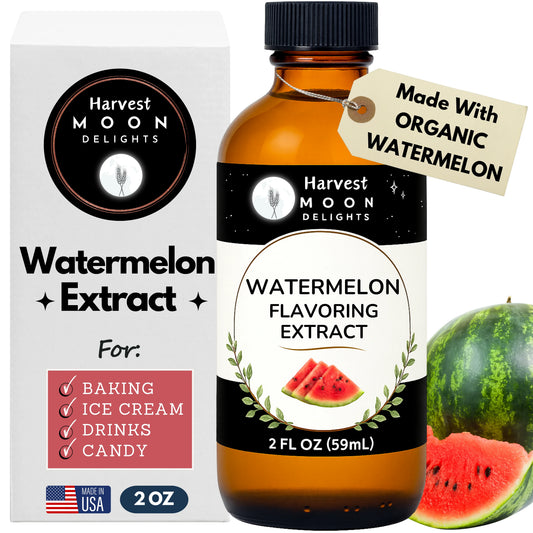 Harvest Moon Delights watermelon flavoring extract bottle and packaging with watermelon slices.